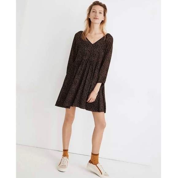 Madewell |‎ Vneck print Long Sleeve mini Flare Dress L - Picture 1 of 16
